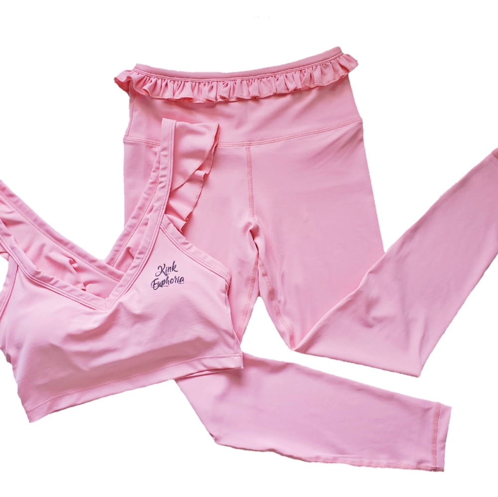 Pink Fitness Dance Yoga Workout Leggings and  Crop Top Sports Bra